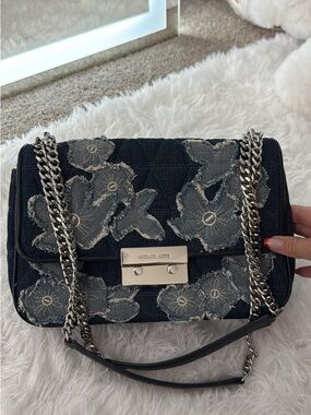 Michael Kors Denim Floral Quilted Shoulder Bag in Navy with Silver Hardware